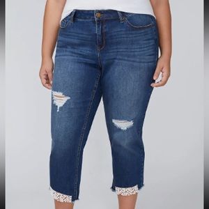 LANE BRYANT Girlfriend Crop Jeans Lace Step Hem Pants Plus 24.